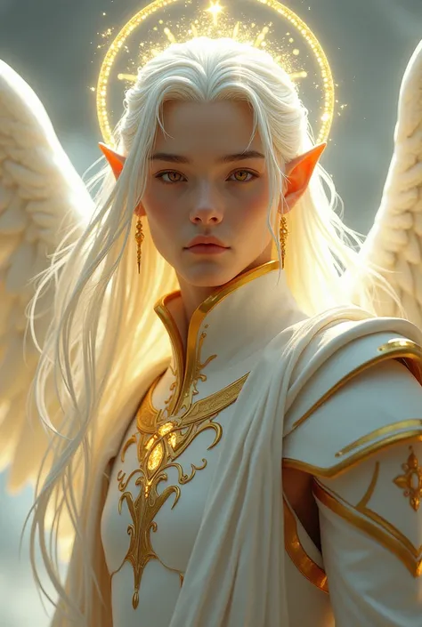 A male elven being with light white and gold armor,  long white hair and his eyes with yellowish sparkles like an angelic being, in his neck an aura of heavenly energy 