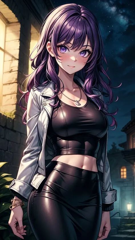 ((masterpiece, best quality:1.3, high detail)), beautiful woman, smirk, looking at viewer, long wavy hair, (purple hair), hairpin, bright purple eyes, light blush, (white leather jacket crop top), (long black midi (pencil skirt)), midriff, navel, necklace,...