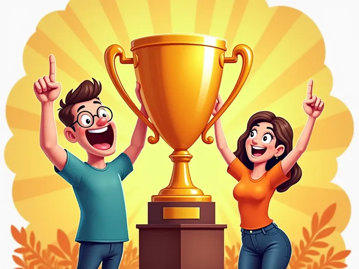 Create a cartoon with a man wearing round glasses and a smiling woman wearing an orange shirt, both making number one with their hand and a giant trophy shining 