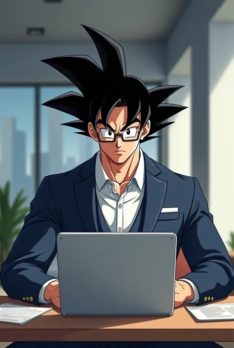  I need a faithful illustration of a muscular Goku with glasses and a suit working on a laptop,  at the top of the image should appear a text that says  "Engineer Goku "