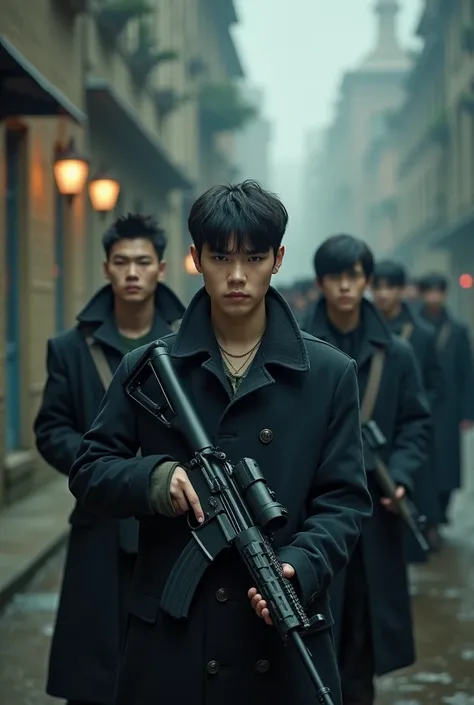 Image quality is 8K。Three handsome Korean college student idols play the roles of brutal, indiscriminate serial mass murderers。All are heavily armed。Everyone stands in the same position in a row。 the characters and background are not blurred 。Everyone is d...