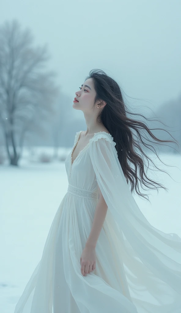  Fantasy 　Snow Flower　 cute pretty young beautiful woman　 look up at the sky　Sadly 　 white silk dress 　 long hair fluttering in the wind 