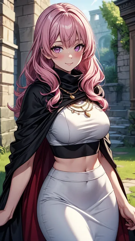 ((masterpiece, best quality:1.3, high detail)), beautiful woman, smile, looking at viewer, long wavy hair, (pink hair), hairpin, bright purple eyes, light blush, (white crop top), (long black midi (pencil skirt)), midriff, navel, necklace, (cloak), (lower ...