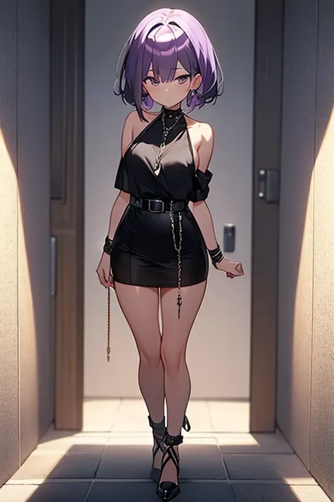 1girl, purple hair, short hair, full body, standing, nude, nsfw, bound behind with black chains((masterpiece)), ((best quality)), ((highly detailed))