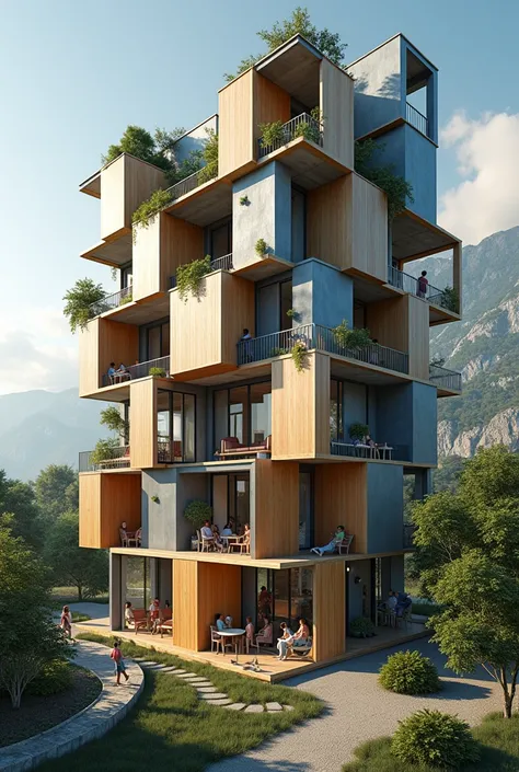 Create an ultra-realistic depiction of a unique modular building made up of stacked cubic units, with some units acting as open spaces hosting greenery and small trees. Each cube is intricately detailed with various materials like metal, glass, and wood, s...