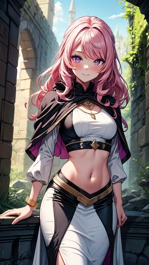 ((masterpiece, best quality:1.3, high detail)), beautiful woman, smile, looking at viewer, long wavy hair, (pink hair), hairpin, bright purple eyes, light blush, (white crop top), (long black midi (pencil skirt)), midriff, navel, necklace, (cloak), (lower ...