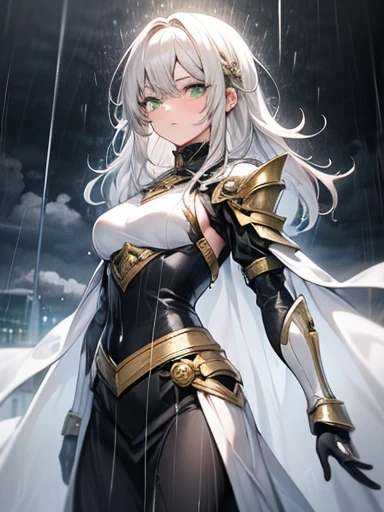 girl, full white armor,long white cape ,((Rain in the background)), green eyes,  long white hair,anime painting .