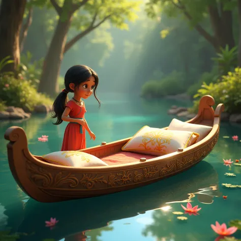 The Sapneshwari boat, with intricate carvings of tree branches and flowers on its surface, casting a shimmering reflection on the water. Inside the boat are soft white and golden cushions. Standing near the boat is Meera, an  cheerful girl, gazing at the b...