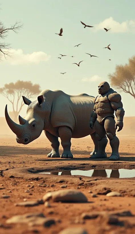 Create a photorealistic composite of a powerful rhinoceros and Rhydon in a dry, arid savanna during mid-afternoon. The rhinoceros, with its thick gray skin and large horn, stands near a cracked, muddy waterhole, its muscles rippling as it surveys the lands...