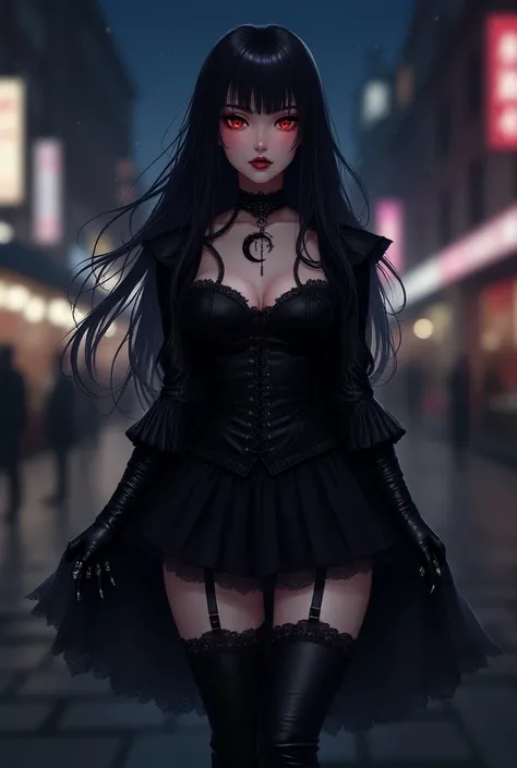 Beautiful vampire girl, gothic clothes, downtown, night time, long black hair, black gothic jewelry rings, stars, 4k, high quality, hyper realistic anime, clear view, luxurious pretty clothes, black leather gloves, high heeled black boots with silver buckl...