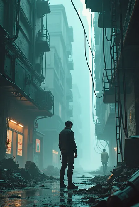 Create a futuristic image of a character analyzing a situation. I want the image to include elements of a futuristic dystopia, such as an empty place with scattered wires and machines in the environment.