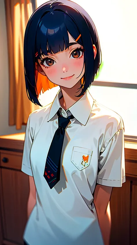  girl、solo、 white polo shirt、 white miniskirt 、 dark blue hair 、 bob cut from the front、 jet black brown eyes 、 tie hair with an orange hair clip、smile、 upper body close-up、bedroom、 bedroom 、Bokeh、 High Quality 、4K、 portrait、 bright color、 natural light。