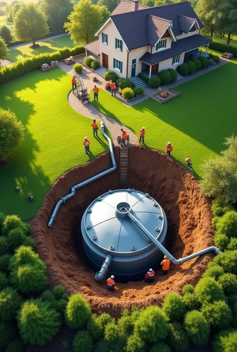 Construction workers ,  installing a septic tank on a plot ,  in a country house with a large lawn. Round septic tank ,  plastic and that looks a bit like a submarine. that it is buried in the ground and has pipe connections that go to the house