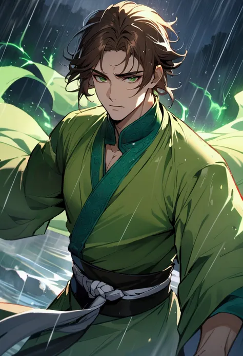 Chinese martial artist man with long brown hair and green eyes wearing green clothes with blue details in the rain with green energies around him