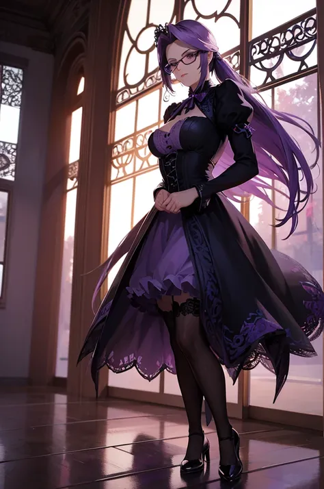 "subject": "anime character, gothic maid outfit, elegant and refined,(((purple hair))), round glasses, intricate details on clothing with lace and ribbons, thigh-high stockings with lace trims, confident and graceful posture", "style": "anime illustration,...