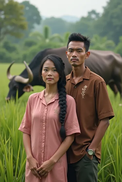 (Photorealism:1.2), gambaran nyi iteung dan kabayan .Beautiful woman ,hair in braids wearing simple kebaya color pink  , simple jarik along with handsome man wearing brown surjan shirt on buffalo in rice field