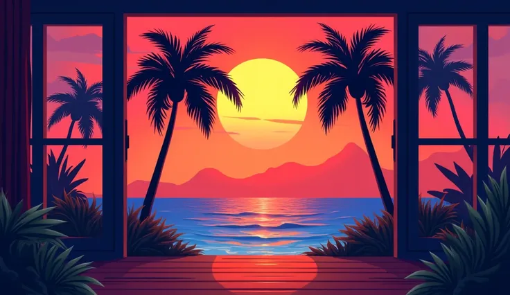 sunset,  palm trees, 90s, ( flat color , Flat texture, Line art:1.2),  graphical design, (Dark Ink, Ink Black),　reggaeton style　Inside the house