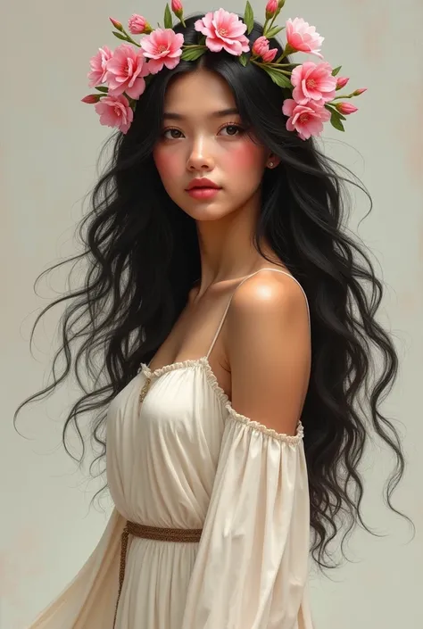 Roman myth flora in white straight dress with pink flowers on hair. Morena girl 