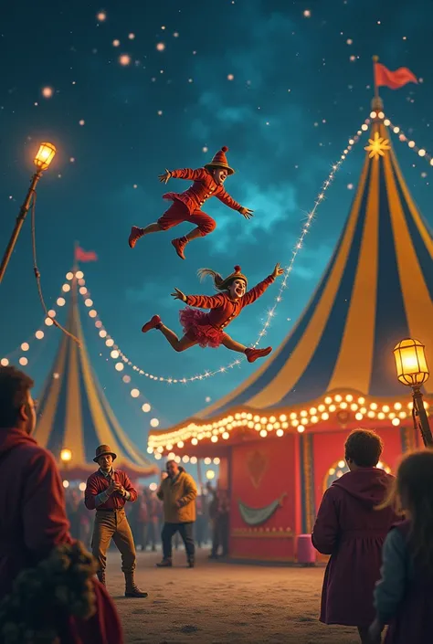 Background image for a poem with clowns and acrobats more magical ,  put a circus in the background and more nocturnal and with clowns and circus tent 