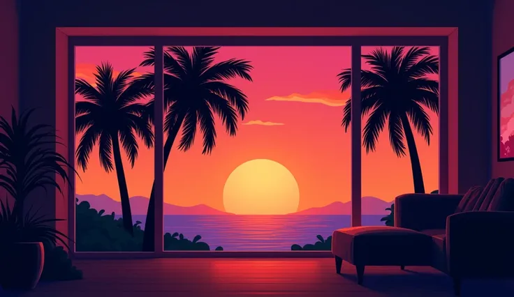 sunset,  palm trees, 90s, ( flat color , Flat texture, Line art:1.2),  graphical design, (Dark Ink, Ink Black),　reggaeton style　Inside the house　Latin