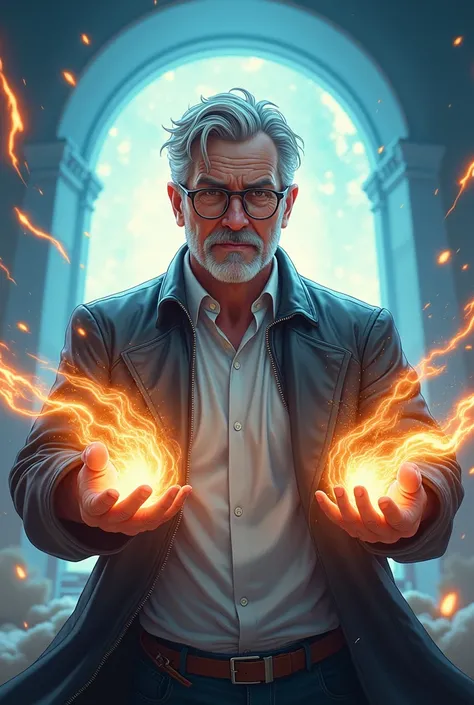  Create an incredibly detailed illustration of a 46-year-old man wearing glasses, usando magic.  Rays of blue and yellow light with sparks emanate from his hands . Behind him,  there is a portal open to another world .  The environment must be magical ,  a...