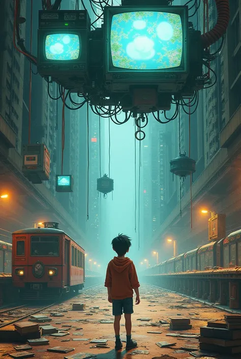 Create a futuristic image of a character analyzing the situation. I want the image to include elements of a futuristic dystopia, such as an empty space with scattered wires and machines in the environment. I also want it to feature books and be very colorf...