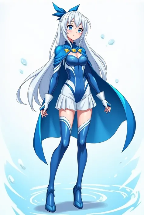 Create a superhero costume with a blue and light blue ,  color palette that features accessories and high heels for a woman with white hair and blue eyes, With the superpower to control water in the anime style Boku No Hero Academy 