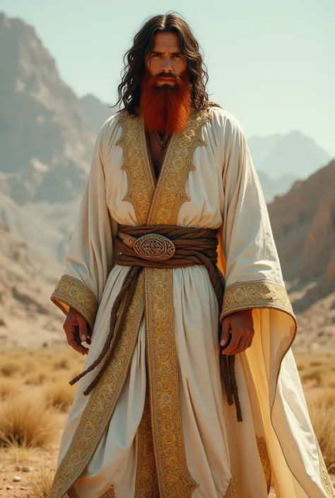 I want you to draw a nomad. Hell be wearing a white robe, the robe will be white and gold with Turkish motifs. His hair is dark brown and his beard is red.