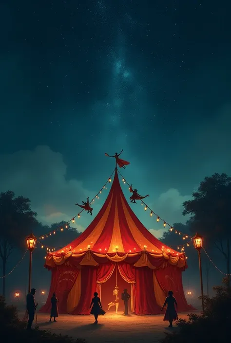 Background image for a poem with clowns and acrobats more magical  ,  Put a circus in the background and more nocturnal and with clowns and red tent circus tent under the night sky 