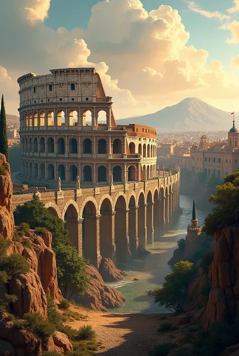 Create colosseum,Rome and segovia aqueduct down in one image and make a textbox for my description 