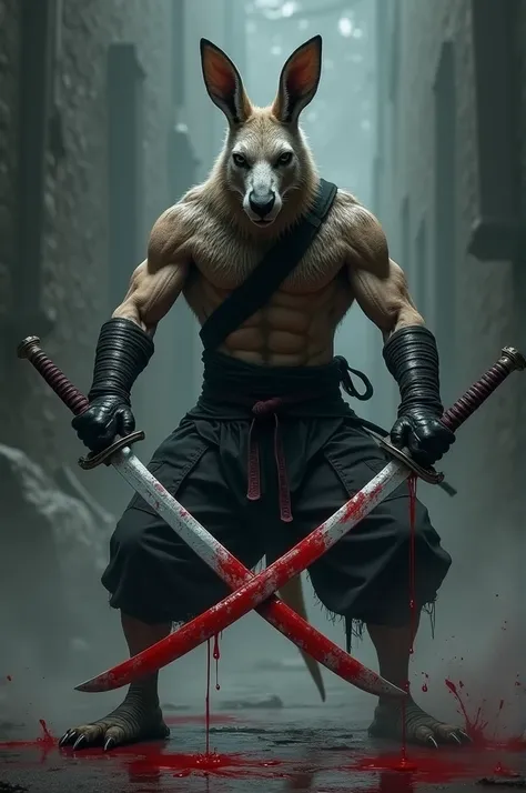 Ninja kangaroo with bloody weapons