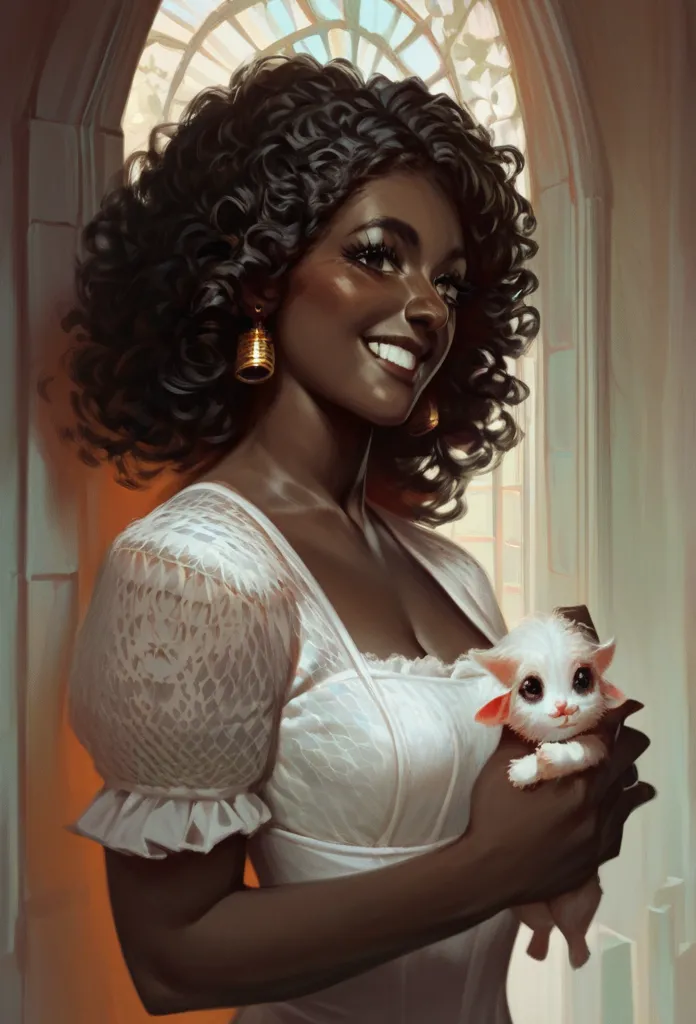 dark-skinned woman with curly hair. wearing a white dress. holding a baby. smiling