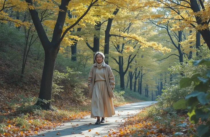 A beautiful short Korean woman in her 50s 、Short medium-length hair、 Top Quality 、Very detailed、 High quality detail 、8ｋ、autumn forest、 Beautiful Korean woman in her 50s . Im wearing a luxurious beige sweater and a luxurious windbreaker jacket. Im wearing ...