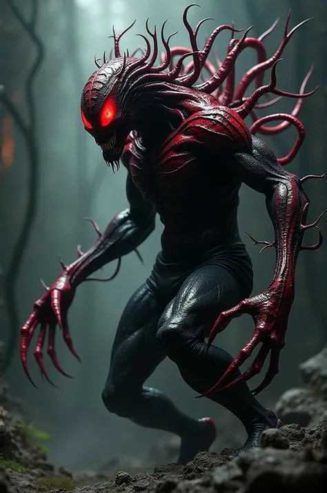 Roast a dimbiote like Venom skin toxyn but black and red in color with claws and tentacles on the back and thorns on the elbows