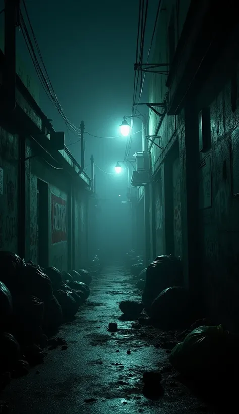 Create an eerie scene in a narrow alley at night, shrouded in dark shadows and unsettling silence. The alleys walls are damp and covered in graffiti, with cracks and peeling paint indicating its age and neglect. The dim, flickering street lamps emitted clu...