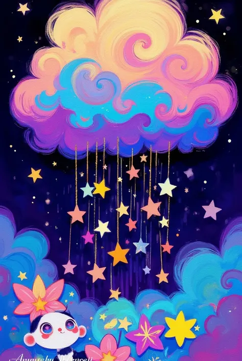 a whimsical illustration of an oversized, colorful cloud with raindrops made up of stars and flowers pouring down onto the groun...