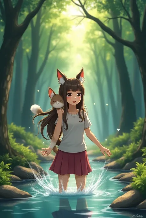 Beautiful girl with a small cute animal on their shoulder in a forest with large trees. Playing in a stream of water. Smile, Very Long Hair, High Resolution, Masterpiece, Animal Ears, From Below, Anime, 