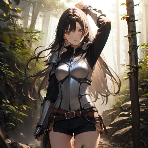 A female k  knight , (in forest),  armor ,  Metal Armor ,   knight , 【 face details, ,  shorts ,  Breaking into , Mr.々Weapons, dirty, Bondage, Tie your wrists,  raise your hands  