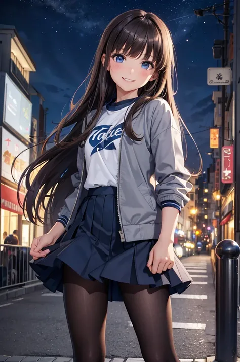  tilting your head , ​masterpiece、top-quality, Brown Hair, Medium Hair , bangs,  blue eyes, 18-year-old female, T-Shirts, ( wearing a gray jacket ), (Navy Blue), (tulle skirt),  black pantyhose、(smile:1.3)、  standing 、The background is a night city、Bold co...