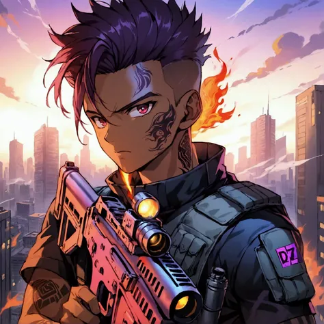 An anime-style character designed with Brazilian aesthetics. The character is a young man with a darker skin tone, short hair and red eyes on fire, exhaling flames. He wears a tactical vest over his outfit, adding a modern combat style. In his hands, he ho...