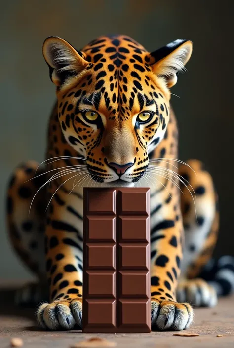 Amur Leopard and Chocolate Bar:
"An Amur leopard sitting gracefully next to an oversized chocolate bar, its curious eyes focused on the sweet treat."

