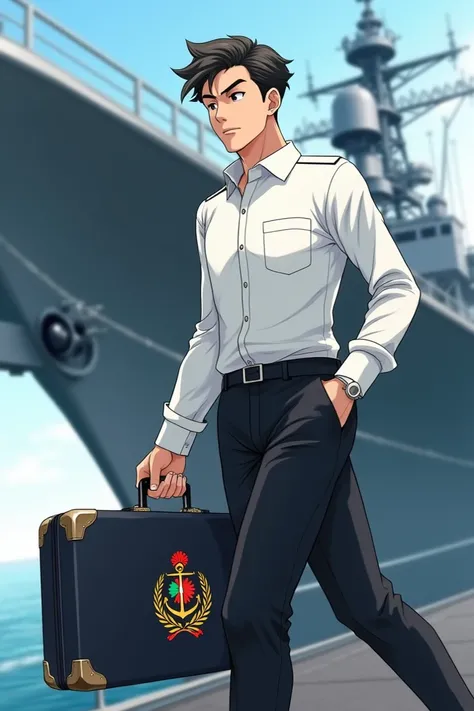 "Create an image where a young man in formal attire, wearing a white shirt and black pants, is walking with a suitcase. The suitcase prominently features the emblem of the Bangladesh Navy (an anchor surrounded by a wreath with a Shapla flower on top). In t...