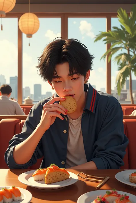 Jungkook do BTS, eating a cookie at a sushi restaurant in a bright environment.