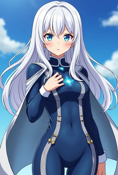 Create a superhero costume that features accessories for a woman with white hair and blue eyes, With the superpower of infinity of the character Gojo Satoru in the style of the anime Boku No Hero Academy