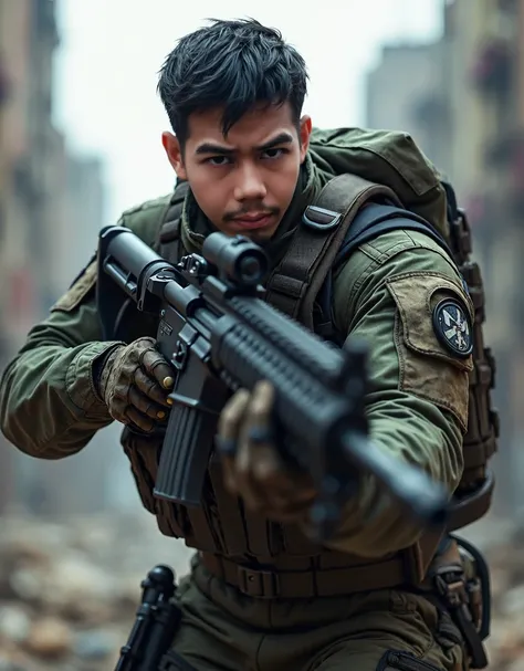 A white special operations soldier with black hair and blue eyes with a SCAR rifle in a combat position 