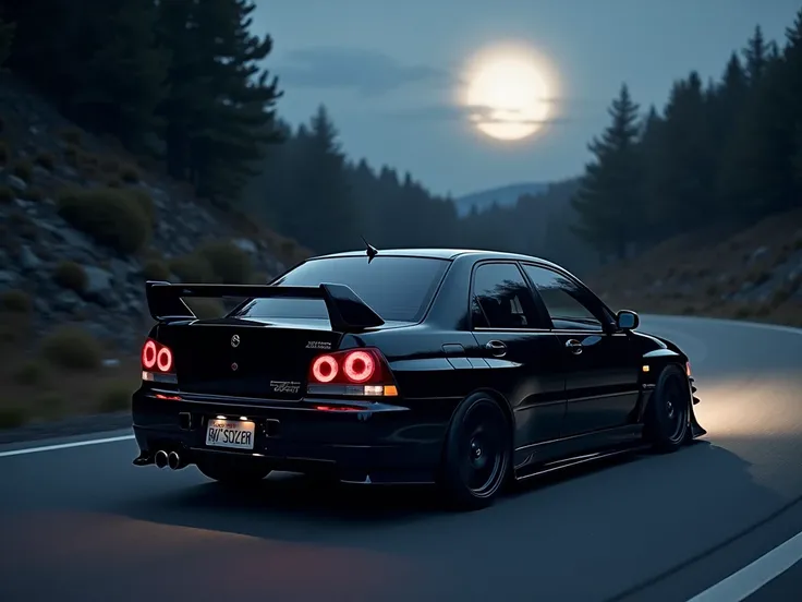 lancer evolution final edition black color car in road at night with moon light