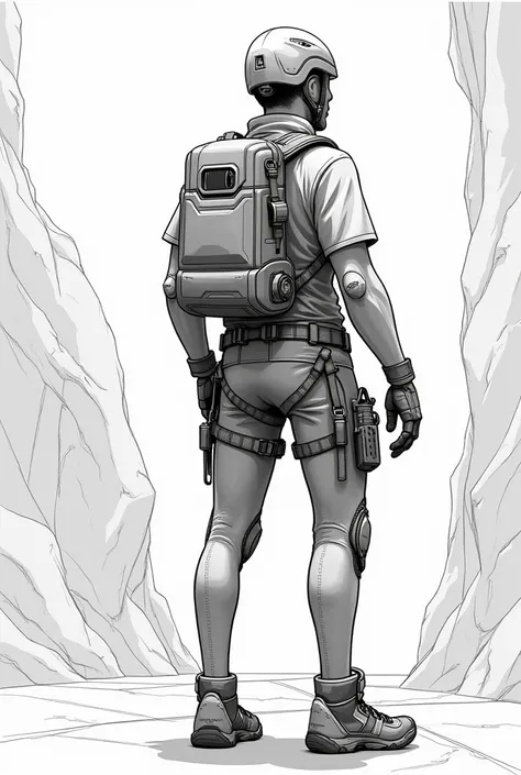 Futuristic rear-rock climbers safe harness sketch and cage, and central back small bag size safe guard sketch by Copic markers like product design  drawing 