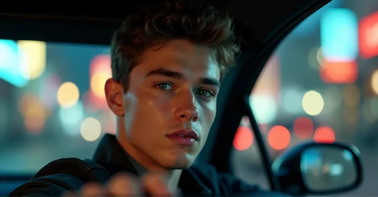 a young handsome 18 year old boy driving a car through the streets of his city, view from inside the car, beautiful detailed eyes, beautiful detailed lips, extremely detailed eyes and face, long eyelashes, cinematic lighting, dramatic atmosphere, realistic...