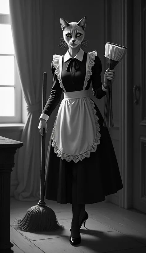  Female servant in black and white suit with lace apron , cat-faced with a cleaner and a mop and broom  