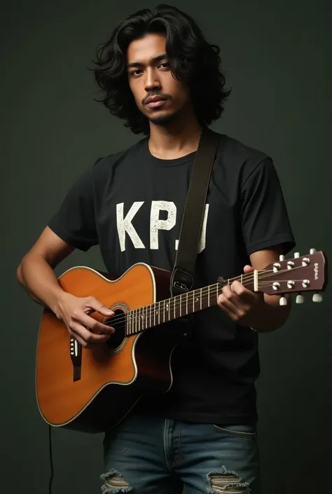 Cinematic realistic , 20-year-old indonesian man , long curls ,wearing a t-shirt with writing "KPJ " man wearing torn jeans,standing face facing front,plays an old guitar ,UHD,hyper realistic,ultra detail, super image quality ,16K